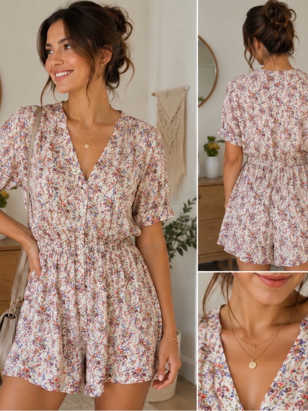 Floral V-Neck Short Sleeve Cream Dress